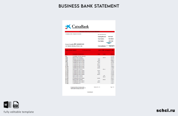 цифровая загрузка выписки по счету компании CAIXABANK в формате Word и PDF шабло